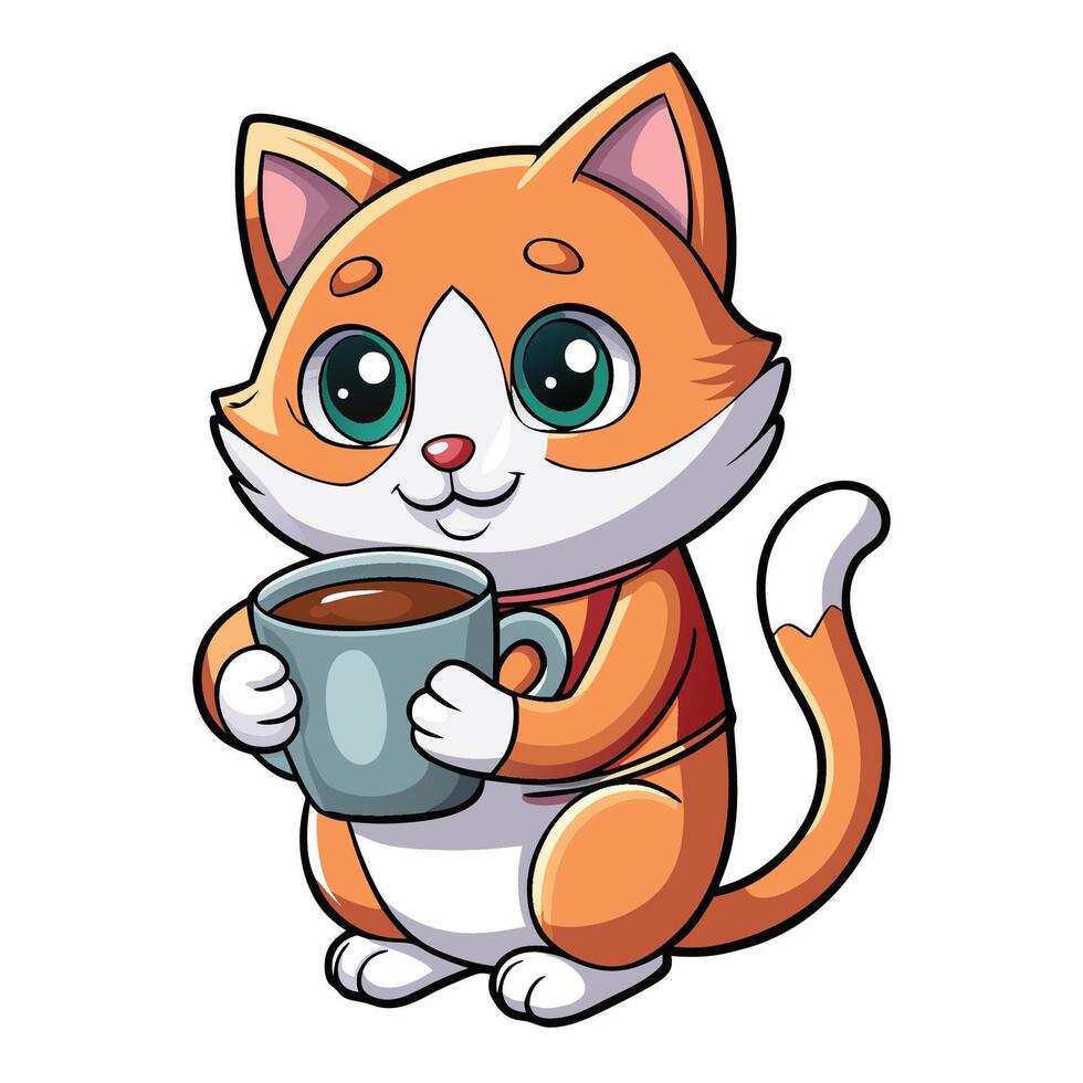 Adorable Cartoon Cat Affectionately Embracing a Hot Coffee Cup vector
