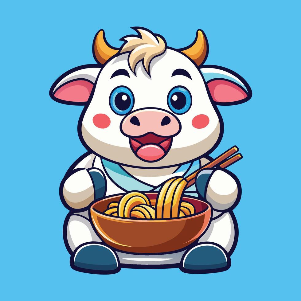 Cheerful Cow Savoring Delicious Ramen Noodle in Cartoon Style vector
