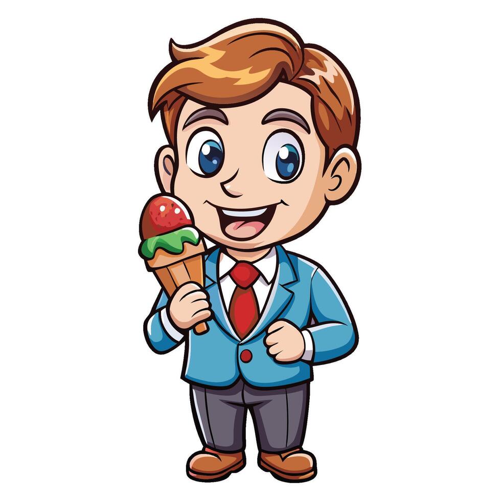 Cute Businessman Enjoying a Refreshing Ice Cream Cone Cartoon Illustration vector