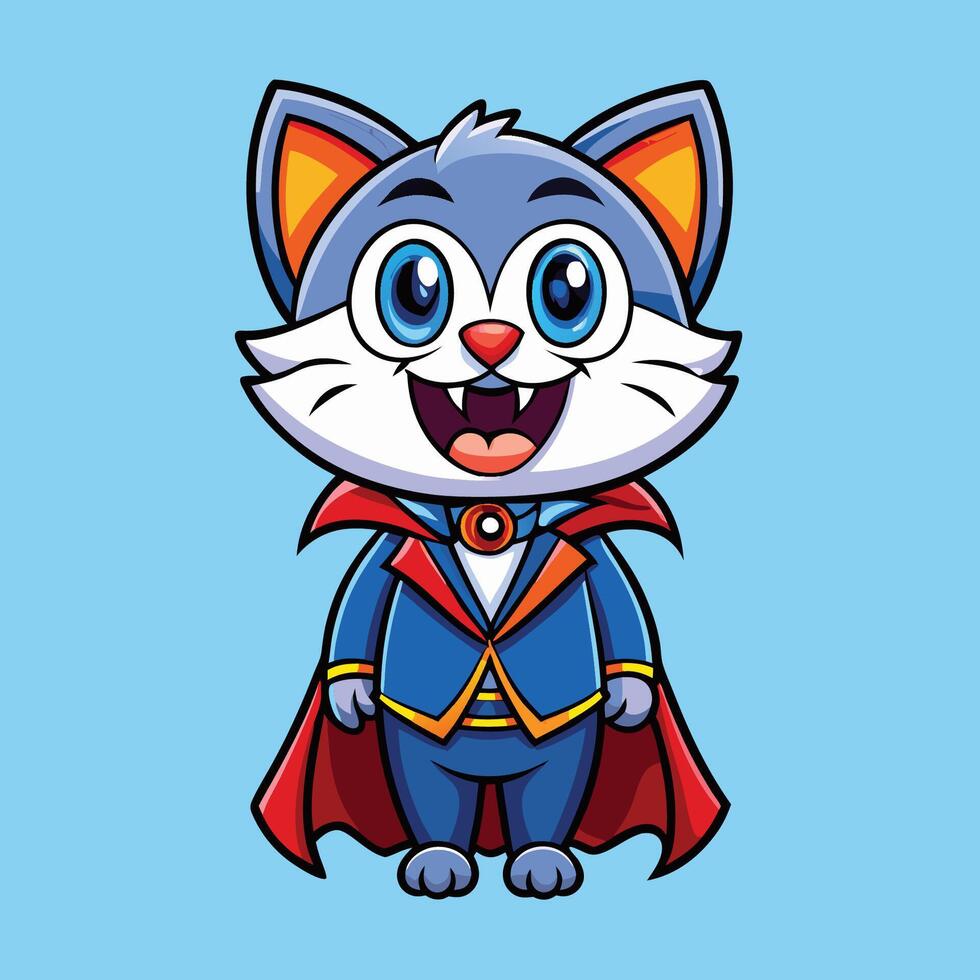 Cartoon Illustration of an Adorable Feline Vampire with a Dracula-Inspired Look vector