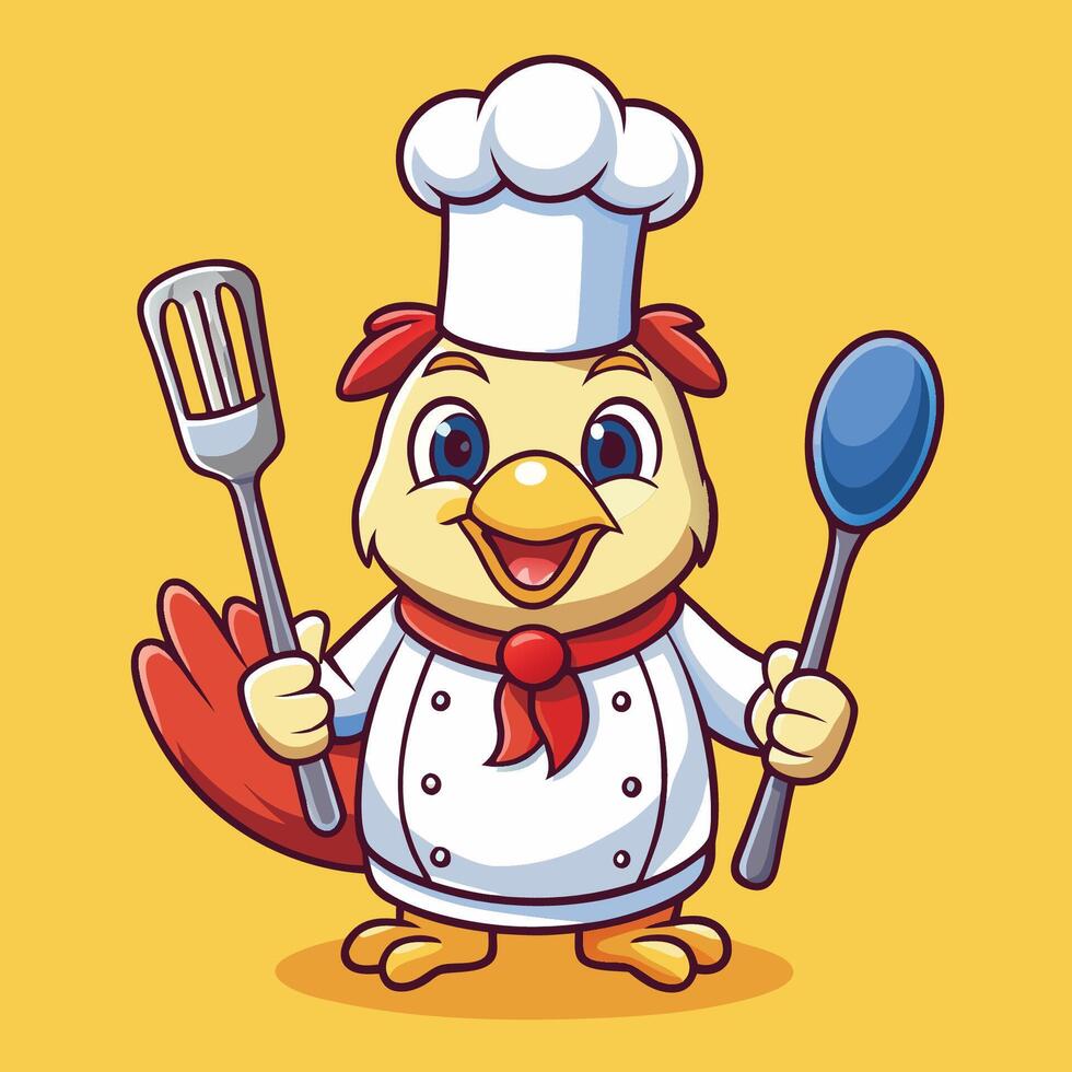 Cartoon chicken chef holding a spatula and spoon vector
