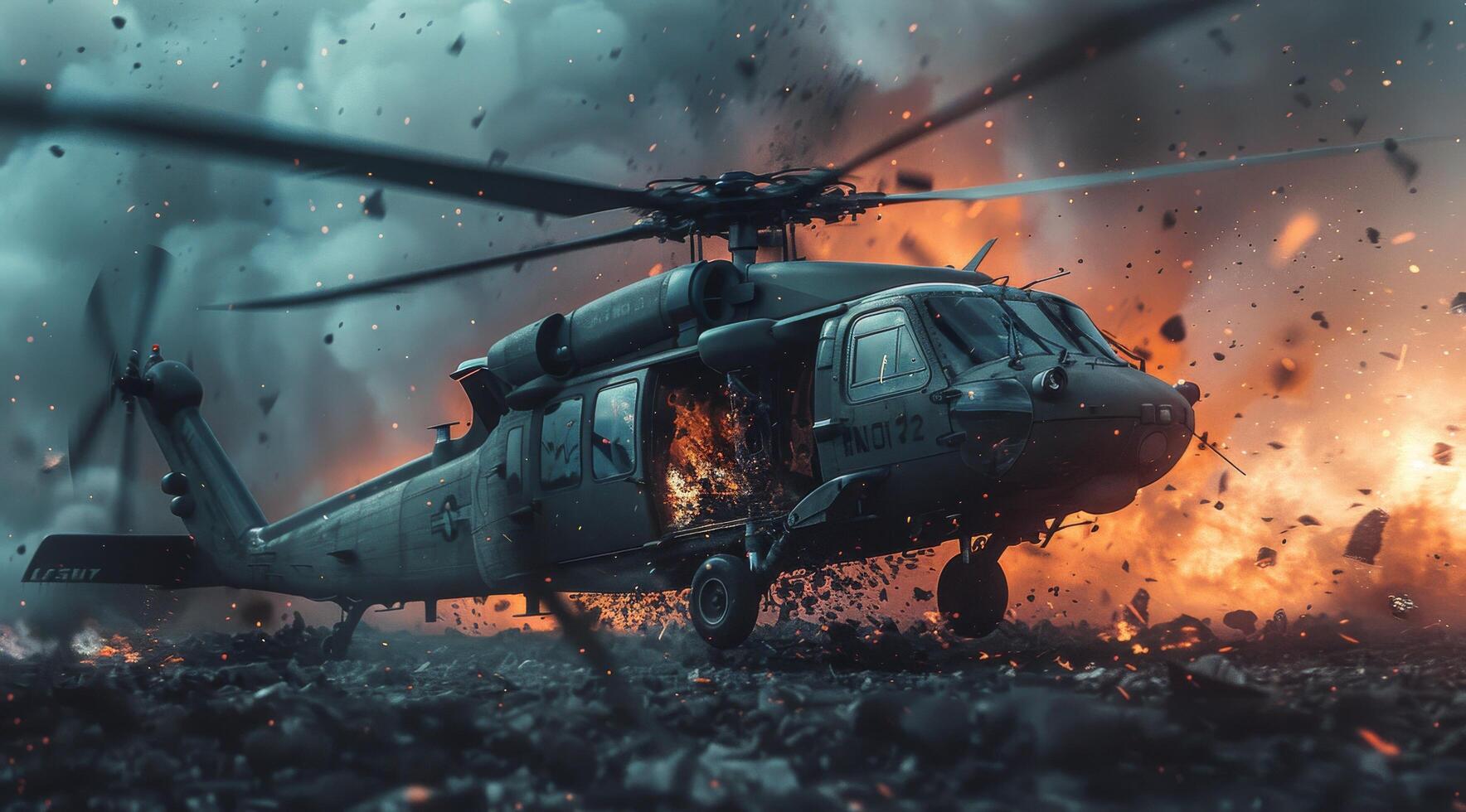 Black Hawk Helicopter Flying Through Fire and Debris photo