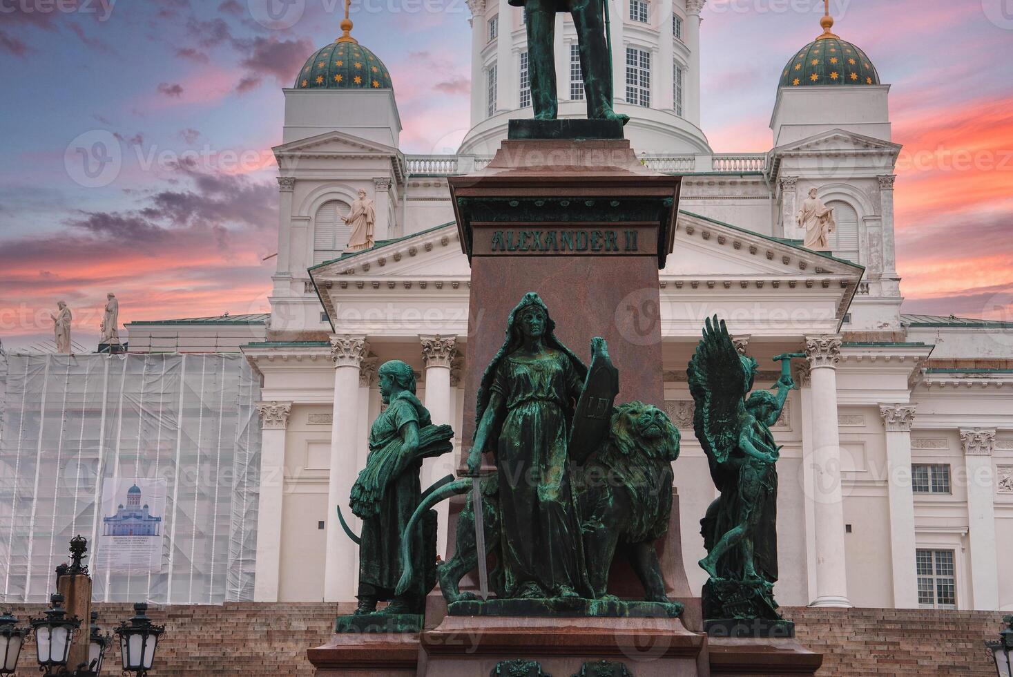 Helsinki Cathedral and Alexander II Statue at Sunset in Senate Square photo