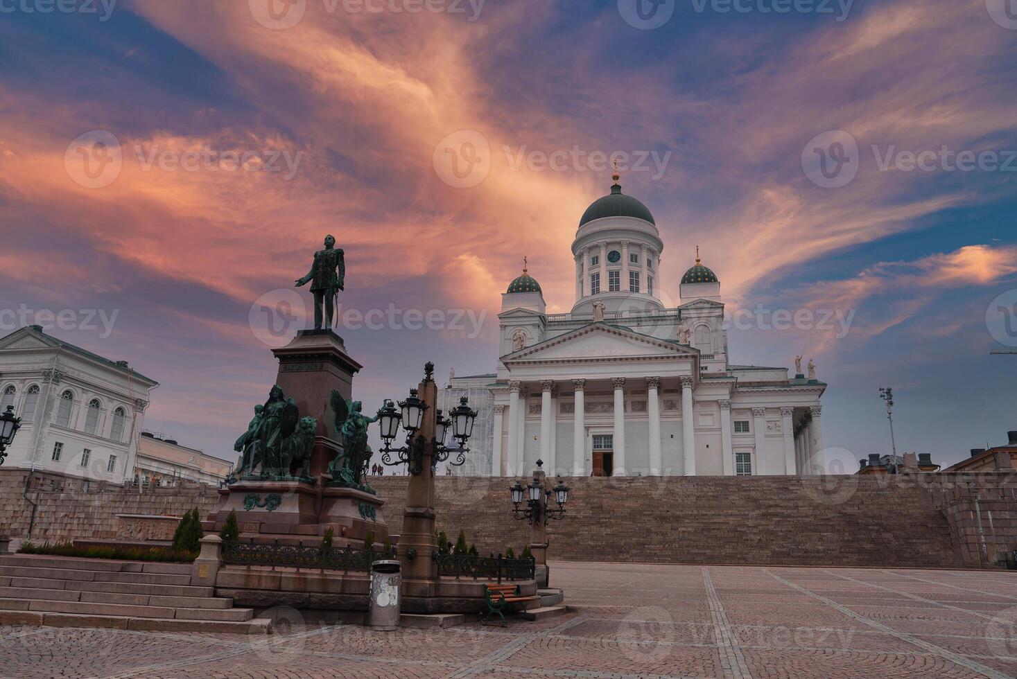 Helsinki Cathedral and Alexander II Statue at Sunset in Finland photo