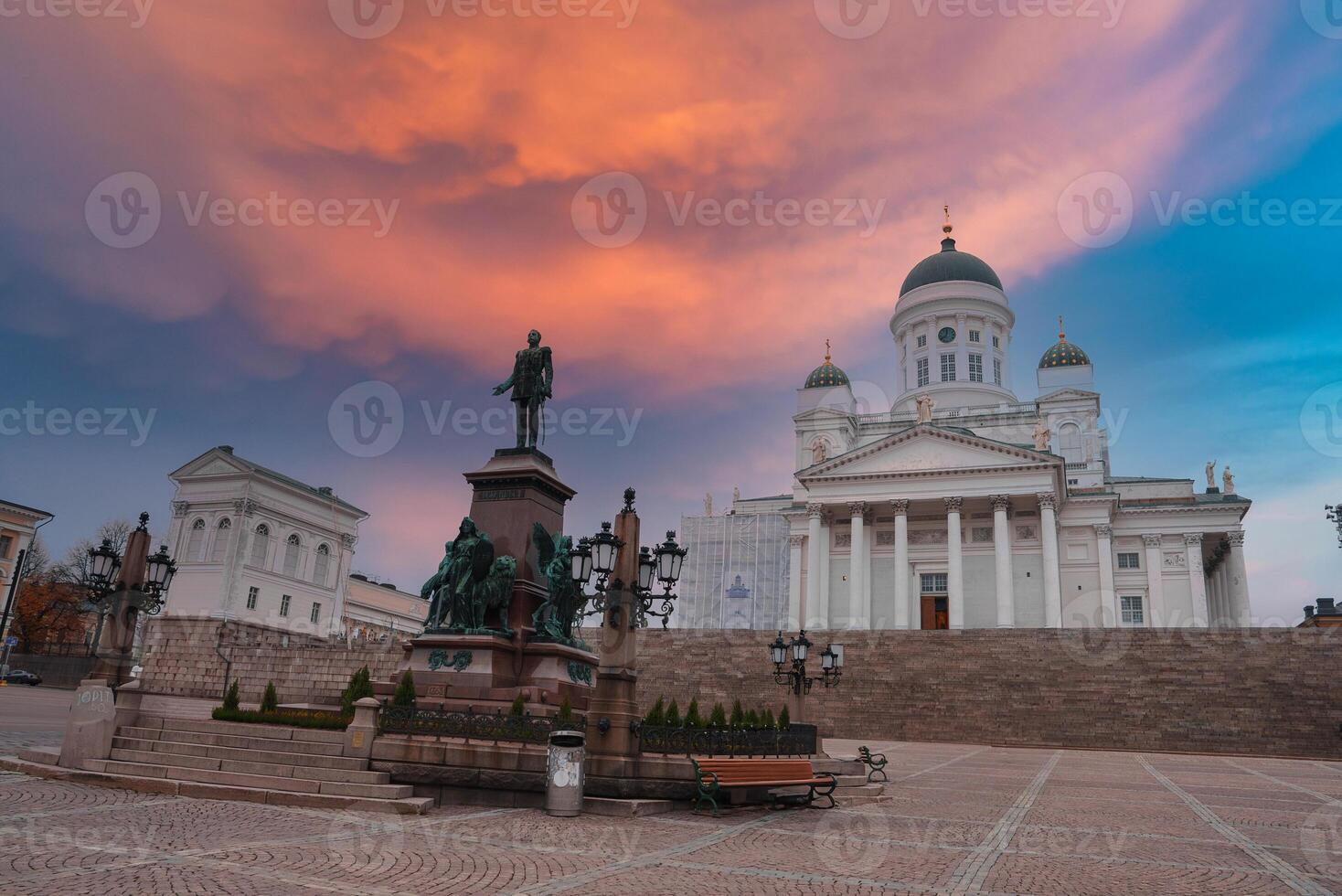 Helsinki Cathedral and Alexander II Statue at Sunset in Finland photo