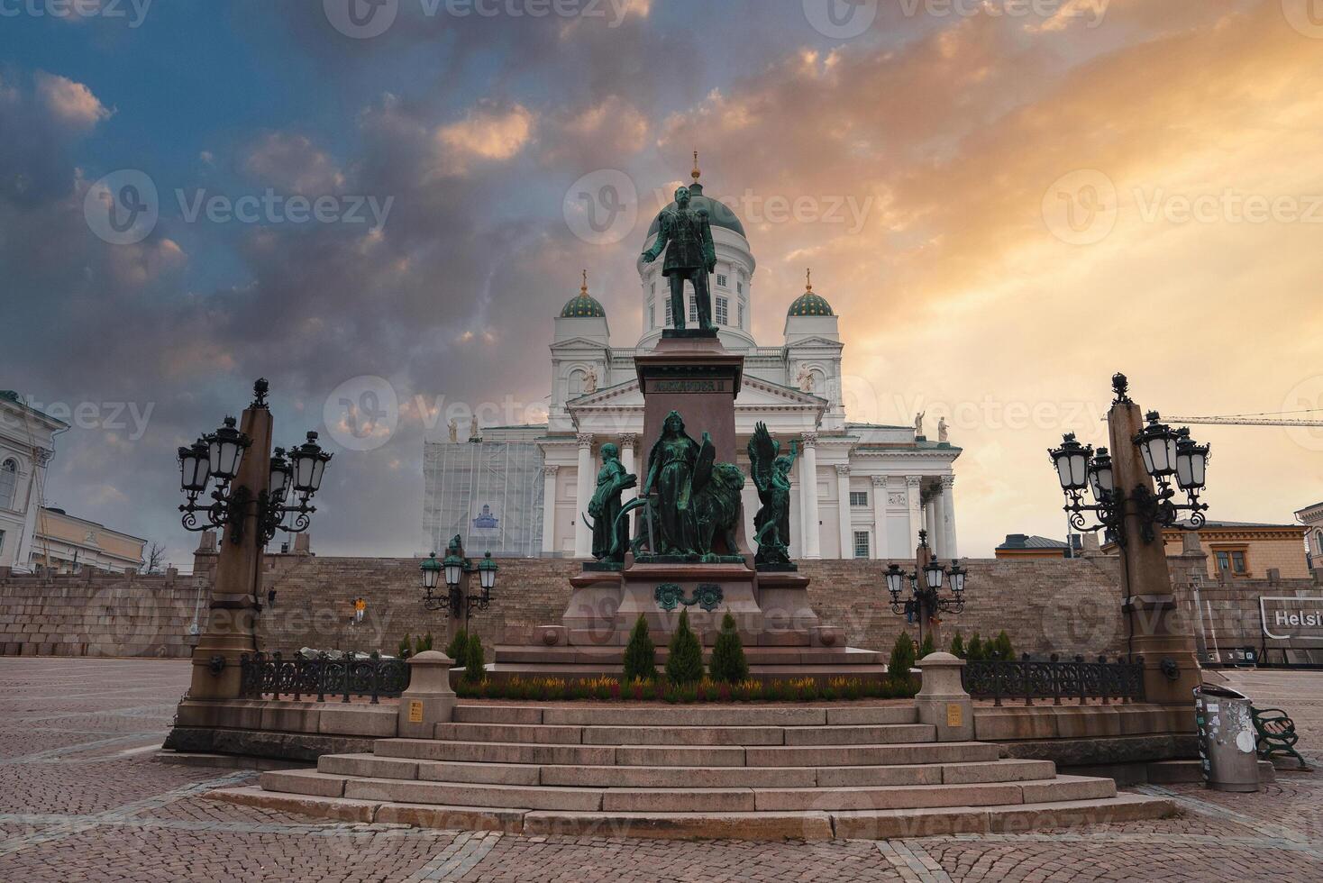 Helsinki Cathedral and Alexander II Statue at Sunset photo