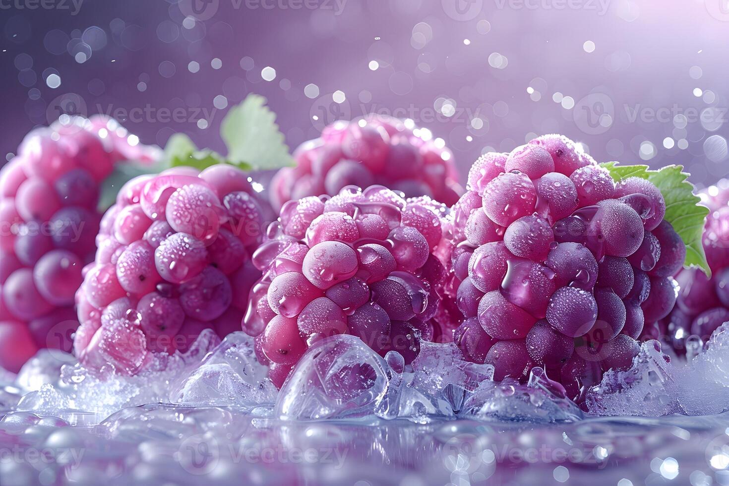 A close-up of fresh, dewy raspberries with droplets of water, showcasing their vibrant color and texture against a soft, blurred background. photo