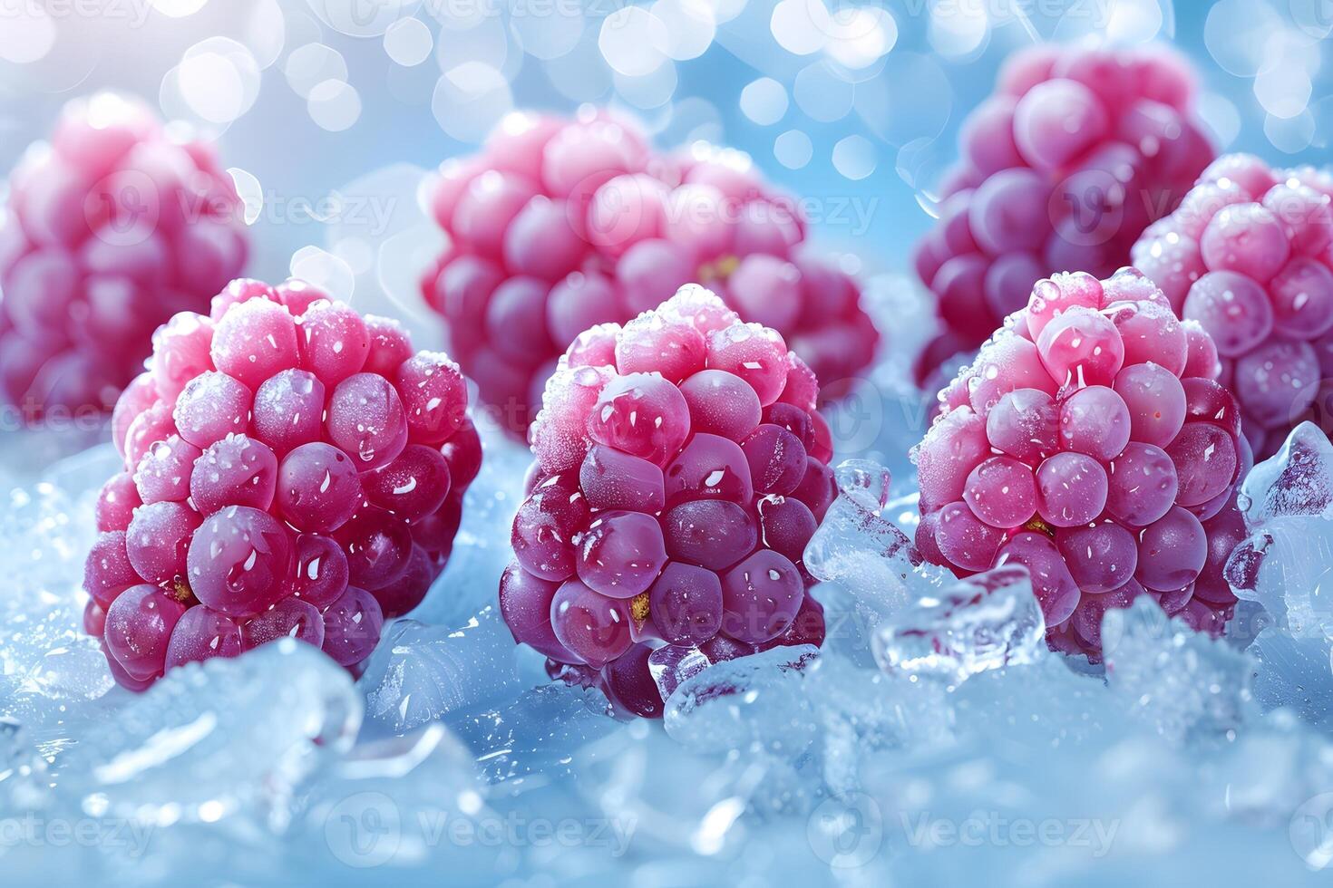 A close-up of fresh raspberries glistening with water droplets on ice, showcasing their vibrant color and texture. photo