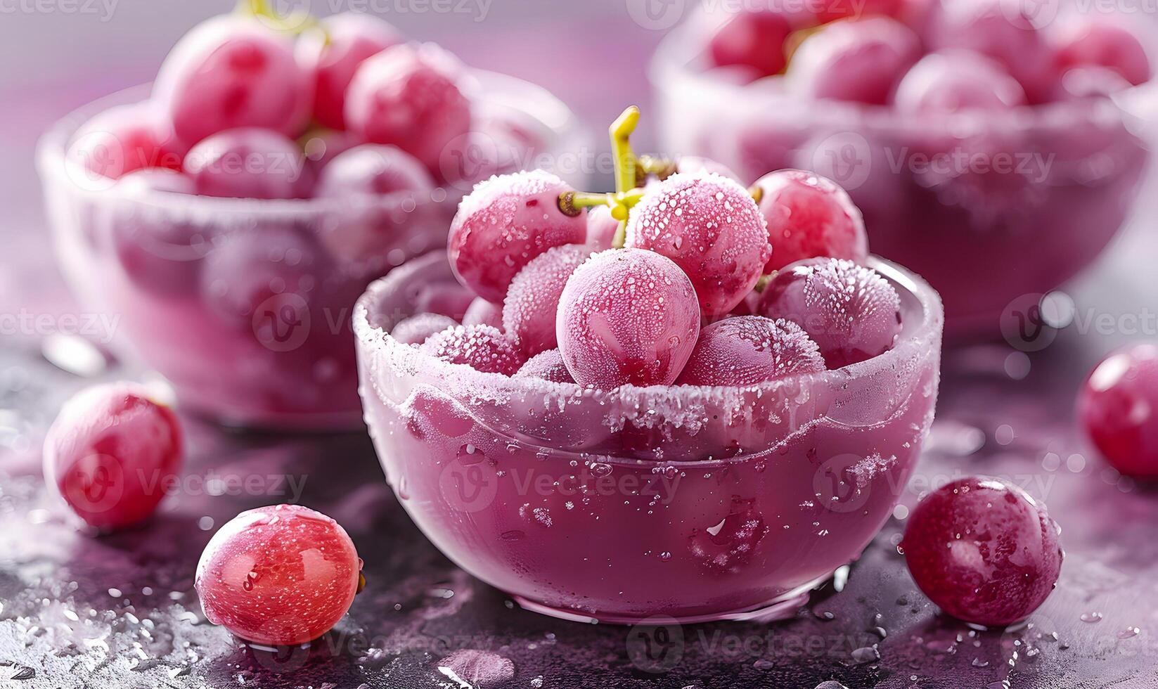 A close-up of fresh, glistening grapes in clear bowls, showcasing their juicy texture and vibrant color. photo