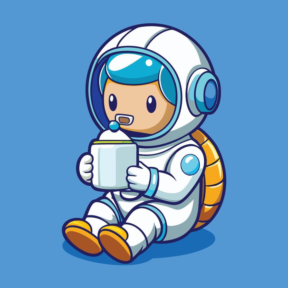 Adorable Baby Astronaut Quenching Thirst with Milk Cartoon Illustration vector