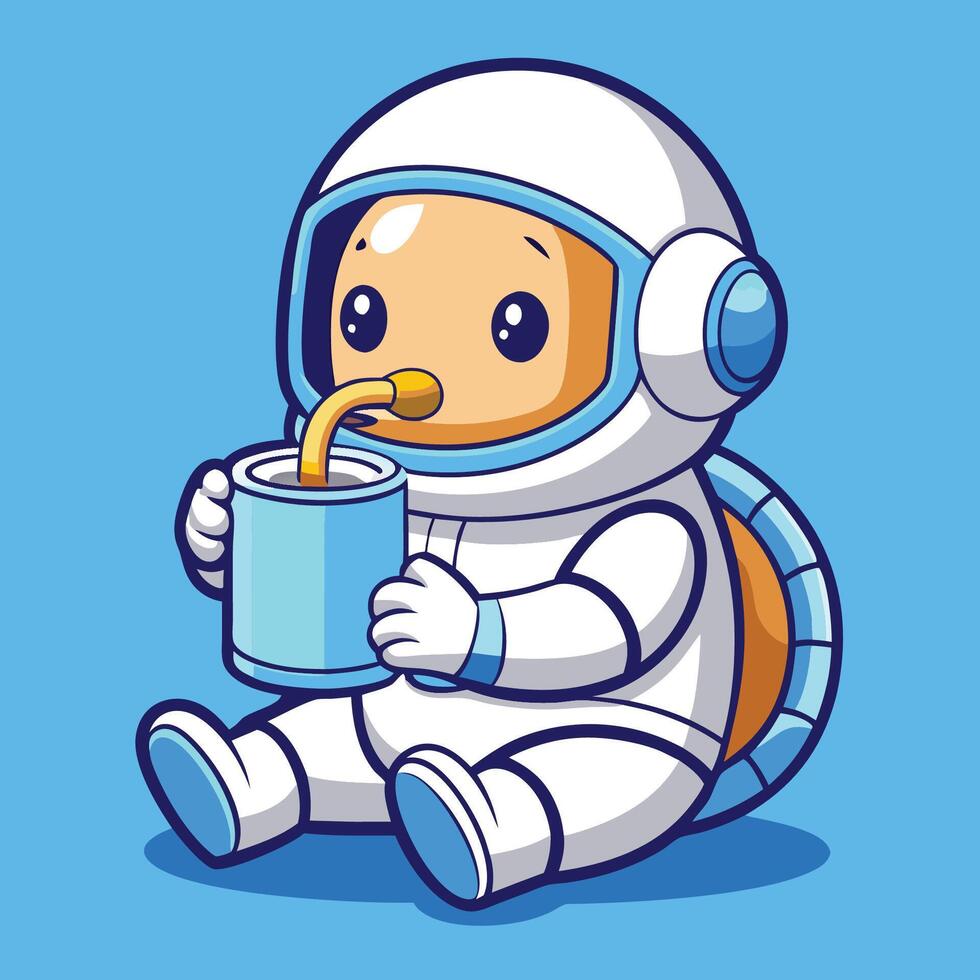 Adorable Baby Astronaut Quenching Thirst with Milk in Space vector