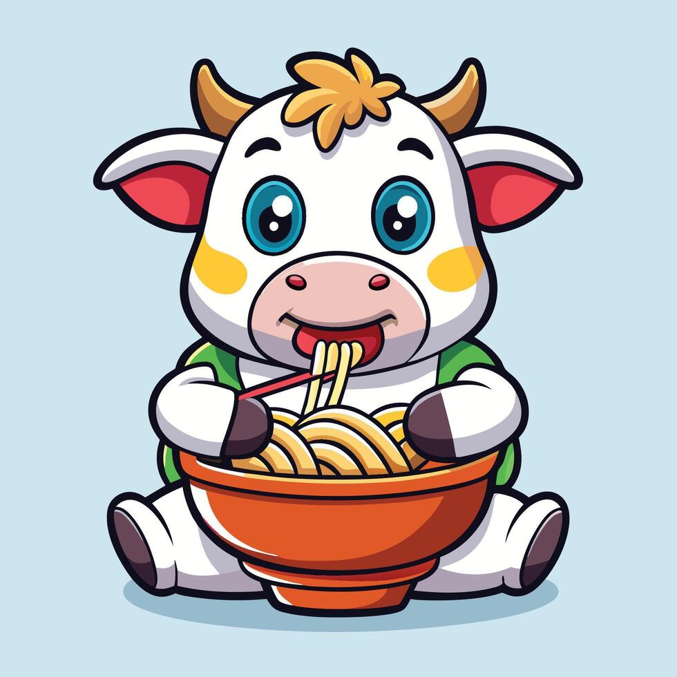 Adorable Cartoon Icon of a Cow Delighting in Ramen Noodles vector