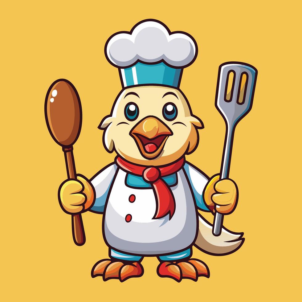Cartoon chicken chef holding a spatula and spatula vector