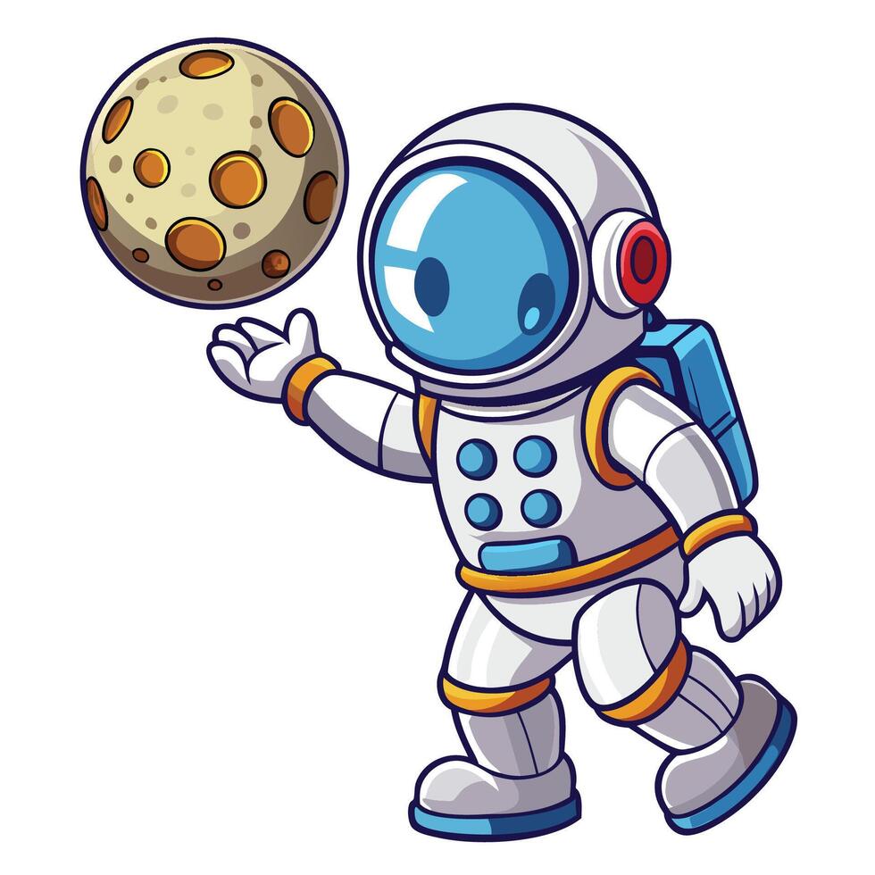 Adorable Astronaut Reaching for a Celestial Moon Ball in Cartoon Style vector