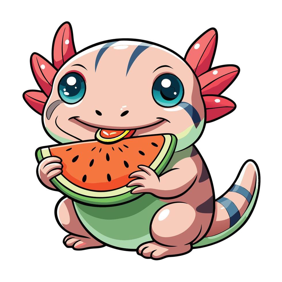 Adorable Axolotl Enjoying a Slice of Watermelon - Cute Cartoon Character vector