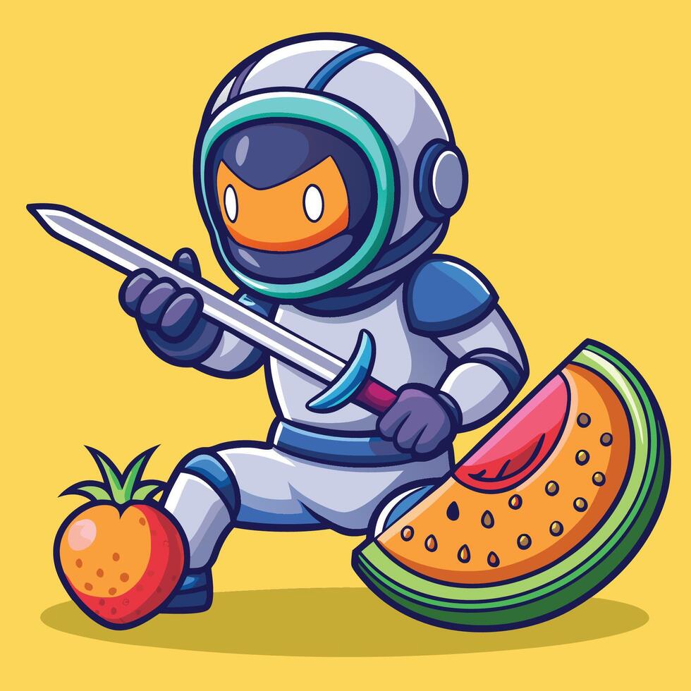 Cute Ninja Astronaut Slicing Fruit with Katana Sword in a Cosmic Adventure vector