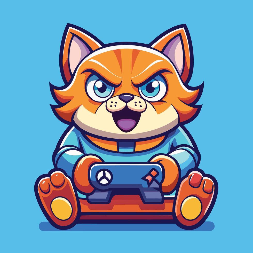A cartoon cat playing games on a controller vector