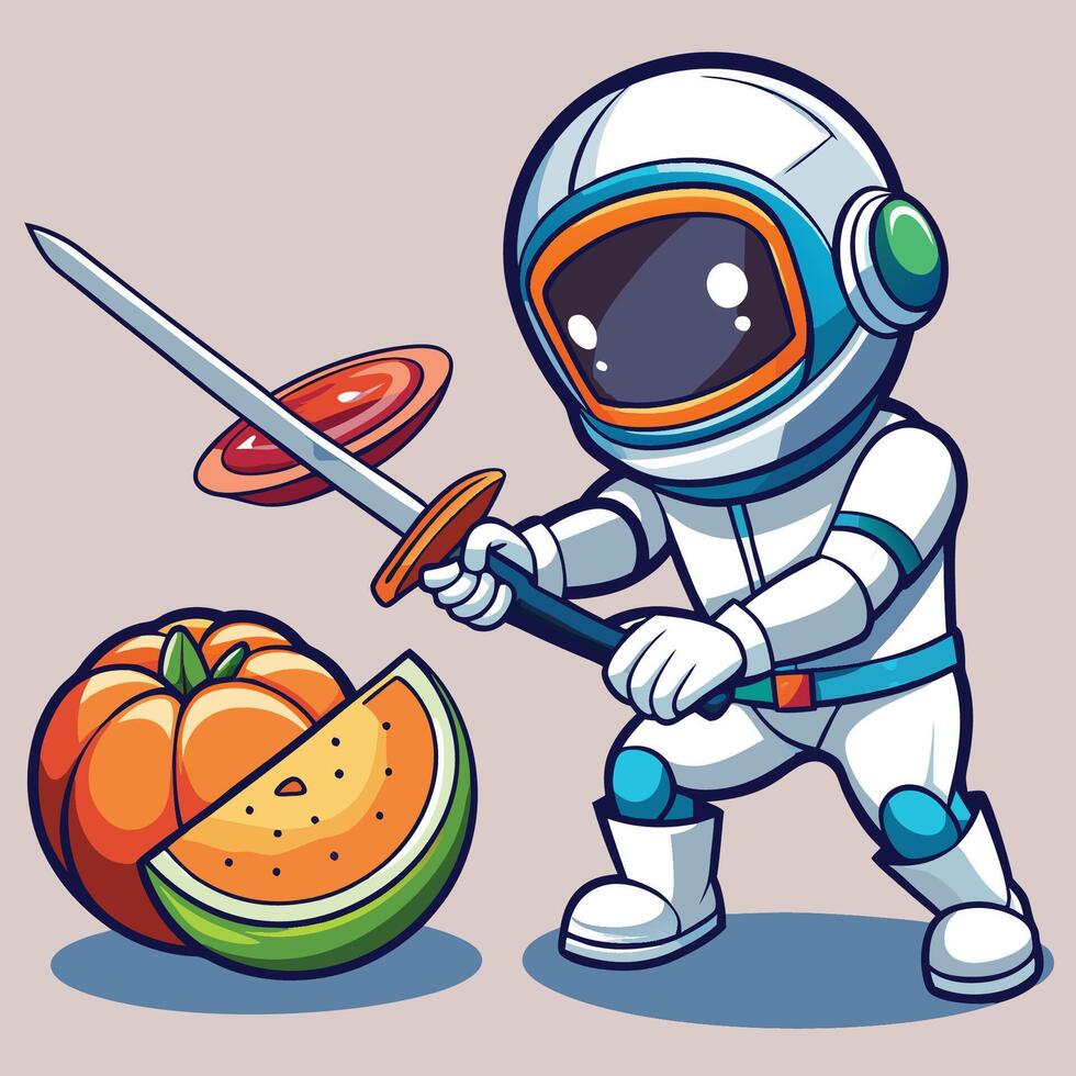 Adorable Astronaut Ninja Elegantly Slicing Fruit with Katana in Space vector