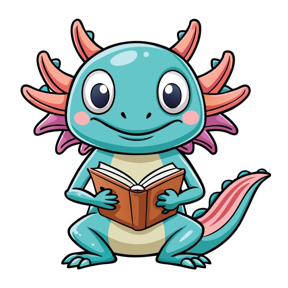 Adorable Cartoon Illustration of an Axolotl Reading a Book vector