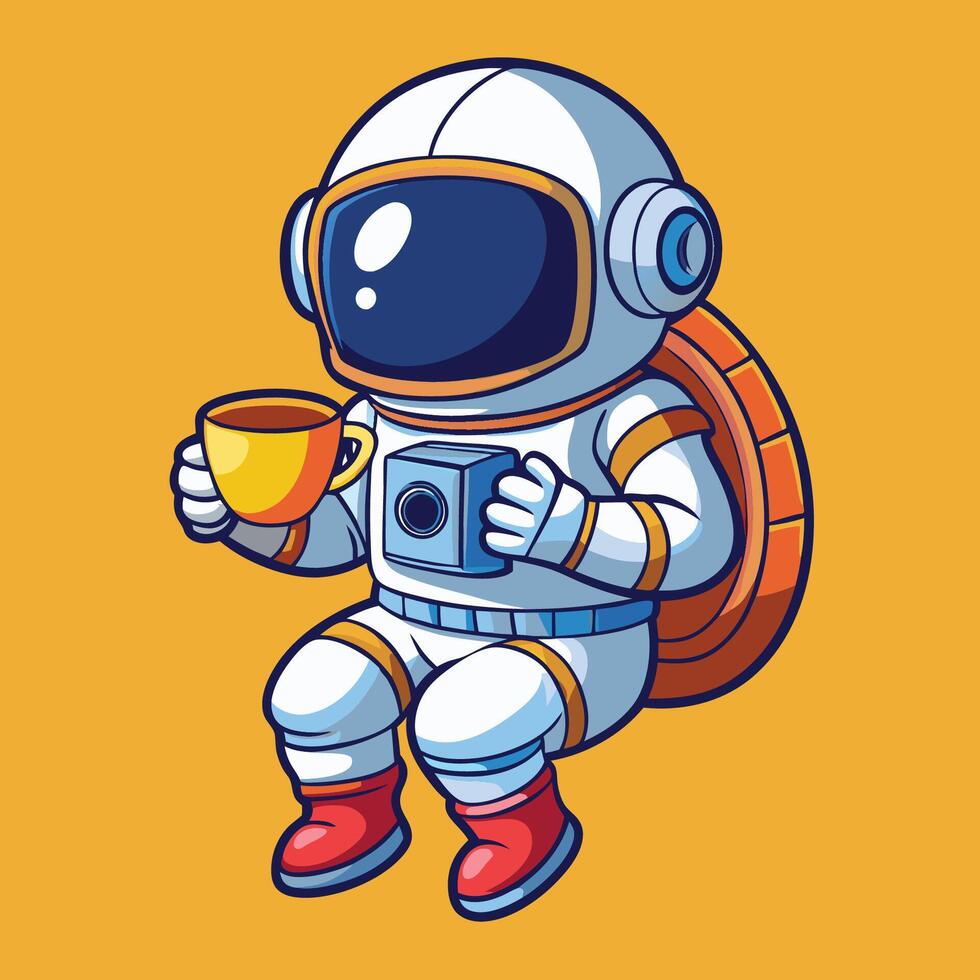 Adorable Cartoon Astronaut Sipping Coffee in the Vastness of Space vector