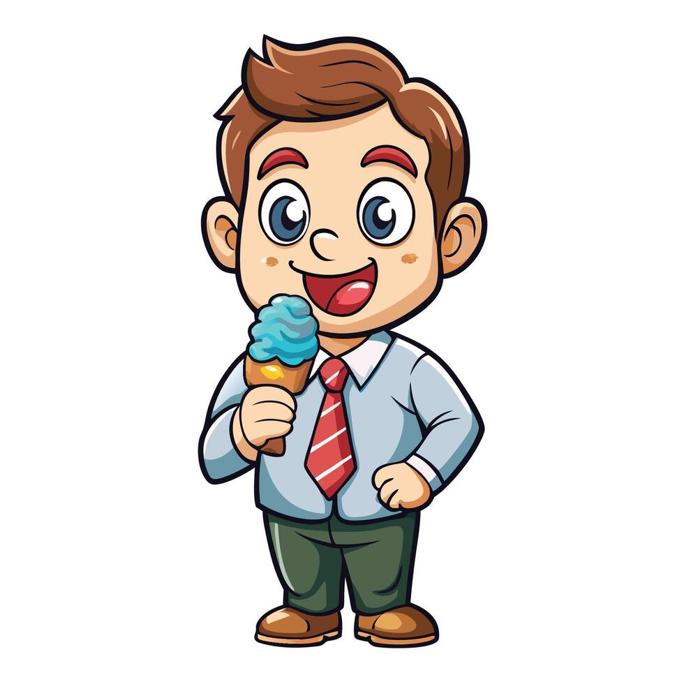 Adorable Cartoon Businessman Indulging in a Sweet Ice Cream Cone vector