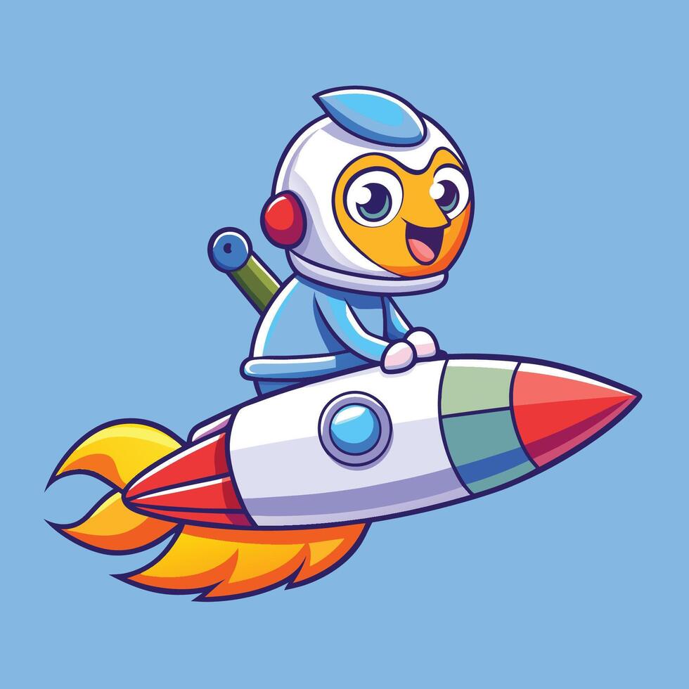 Cartoon Illustration of an Adorable Bird Soaring Through the Sky on a Rocket vector