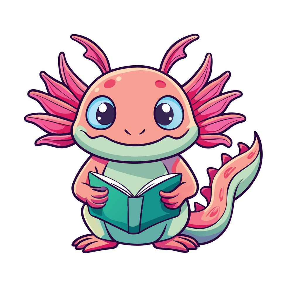 Adorable and Studious Axolotl Cartoon Illustration Holding a Book vector