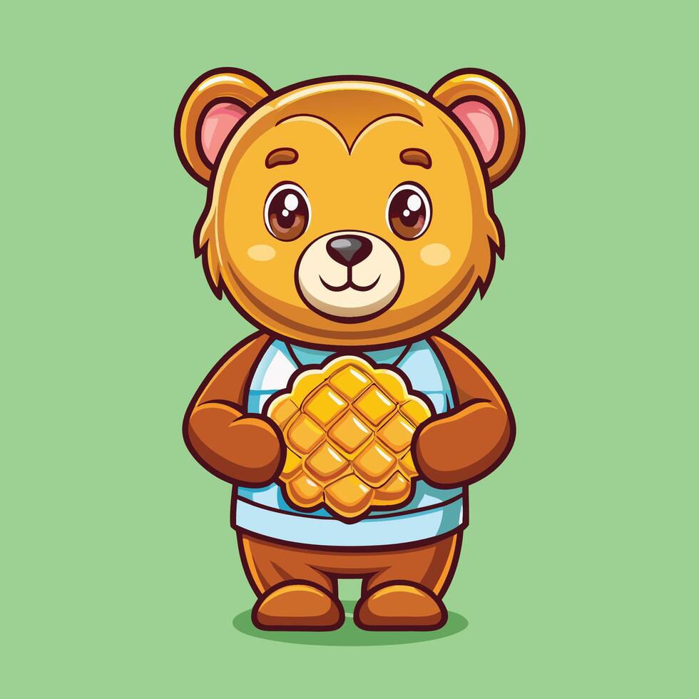 Adorable Baby Bear Embracing Honeycomb in Whimsical Cartoon Illustration vector