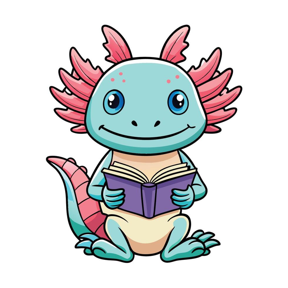 Adorable Cartoon Illustration of an Axolotl Reading a Book vector