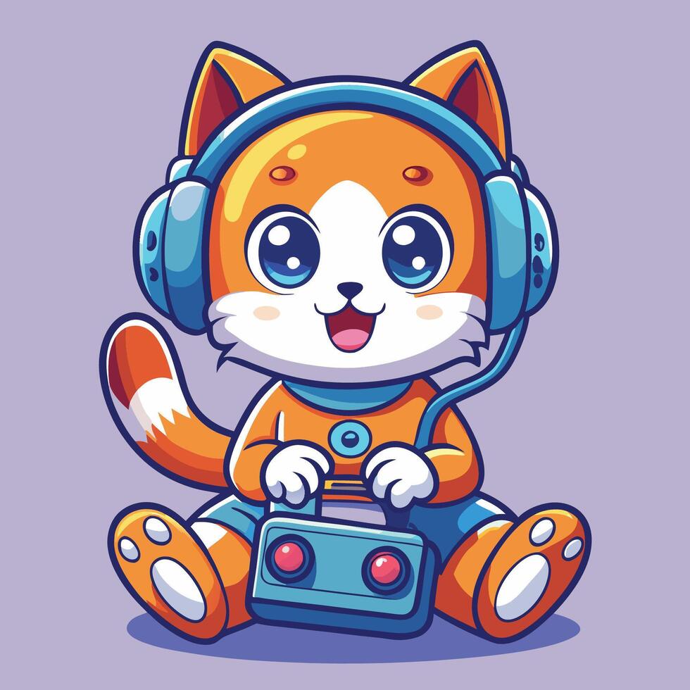A cartoon cat wearing headphones and playing a game vector
