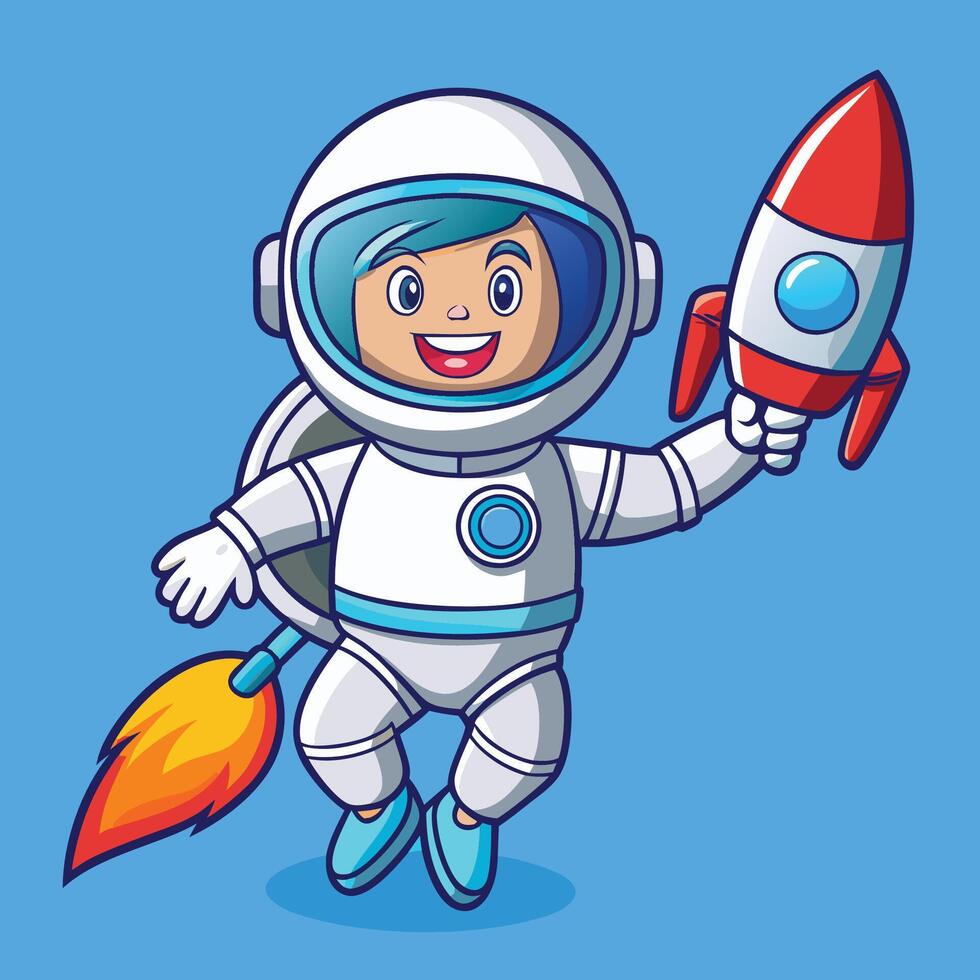 Playful Astronaut Embarks on a Cosmic Adventure with Rocket vector