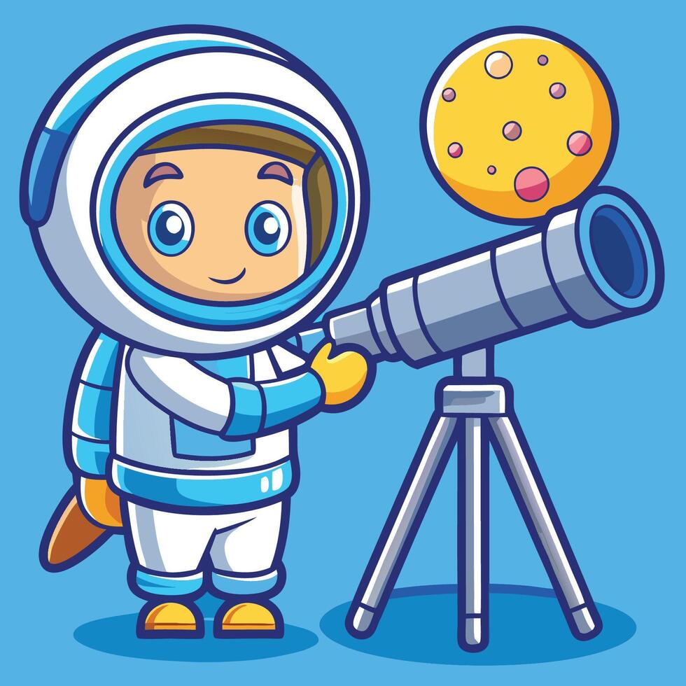 Adorable Cartoon Astronaut Observes the Moon with a Telescope vector