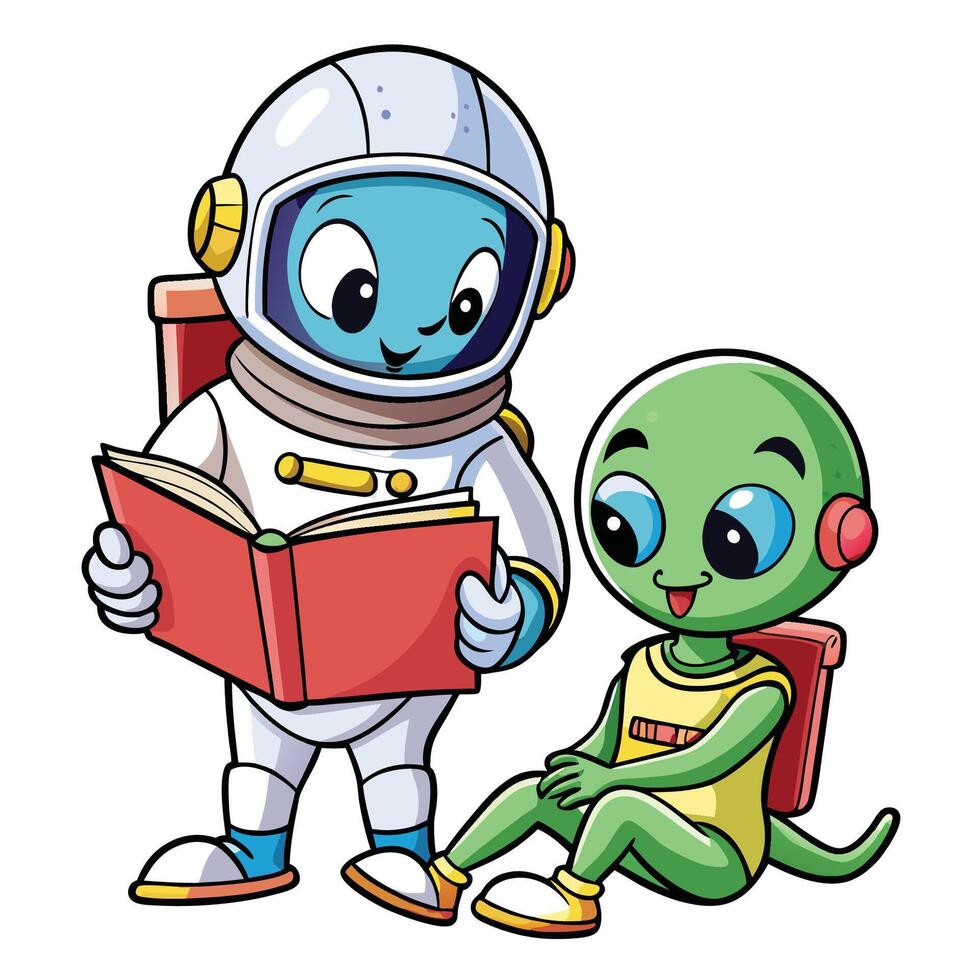 Adorable Alien and Astronaut Immersed in a Book Adventure vector