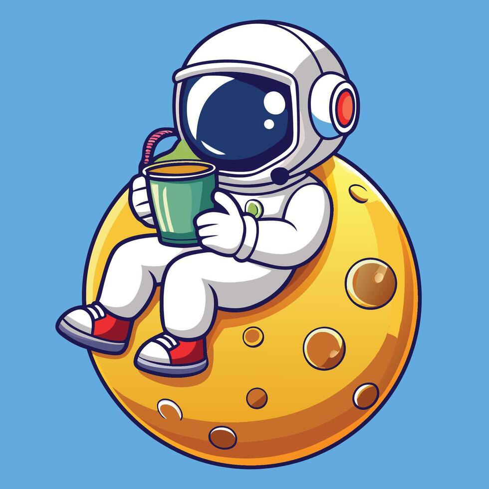 Adorable Cartoon Astronaut Enjoying Coffee on the Moon Surface vector