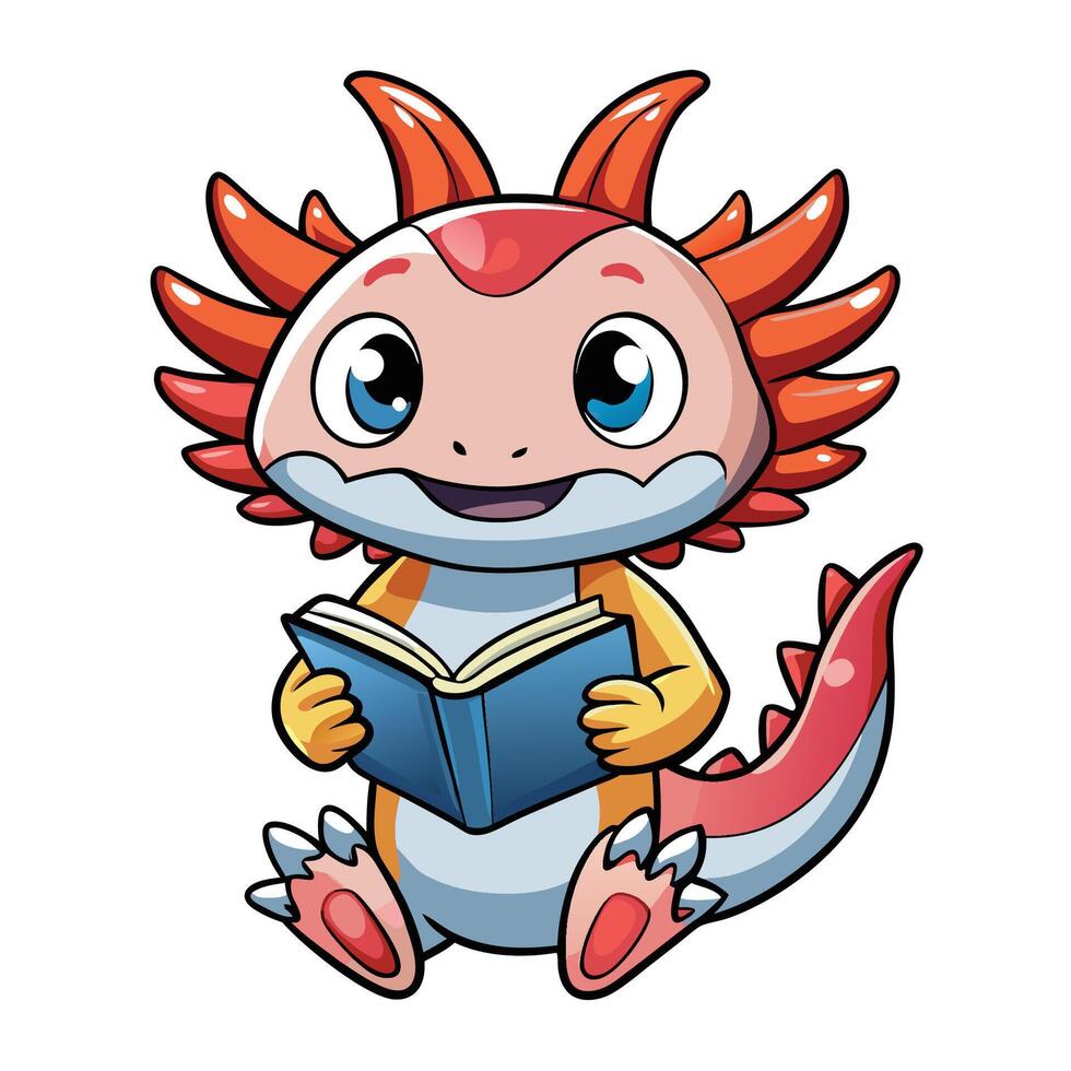 Adorable Axolotl Reading a Book with Its Little Paws vector