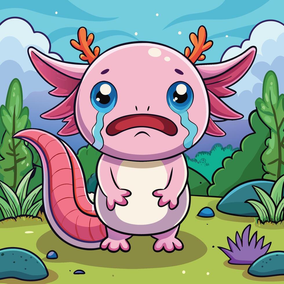 Crying Cartoon Axolotl Illustration A Cute and Quirky Character vector