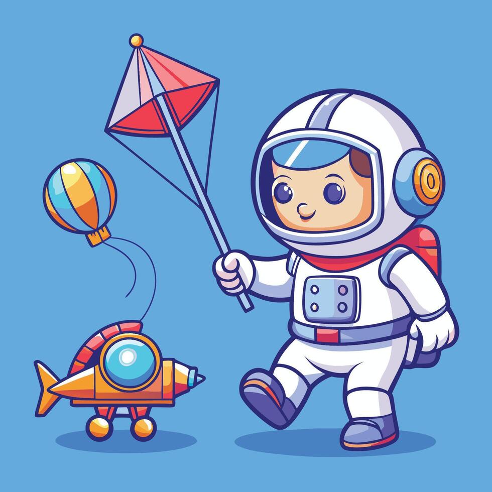 Adorable Baby Astronaut Soaring High with Kite in Cosmic Adventure vector