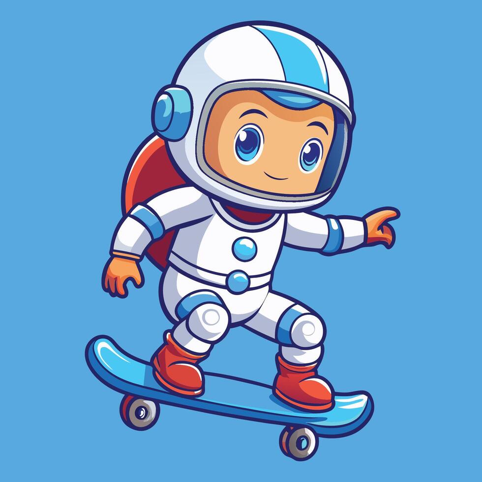 Adorable Astronaut Exhibiting Skateboarding Skills in Cartoonish Style vector