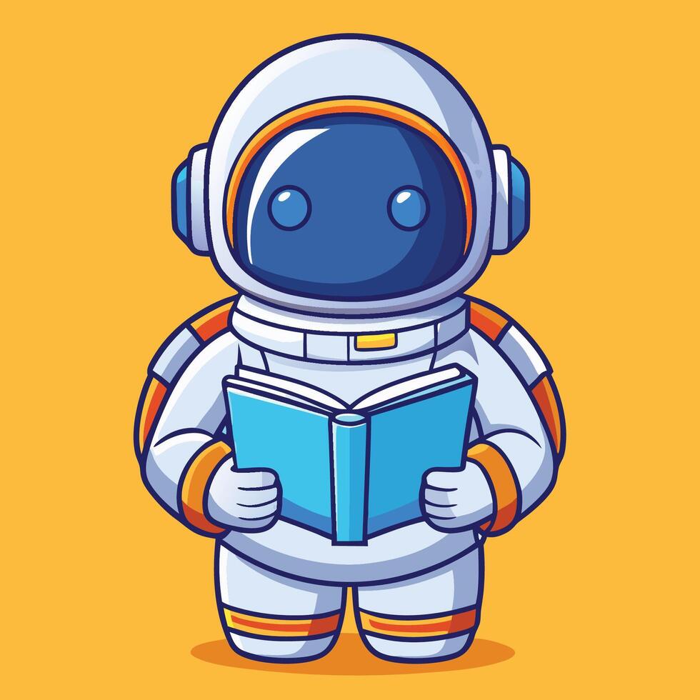 Adorable Cartoon Astronaut Cosmonaut Reading Book in Space vector