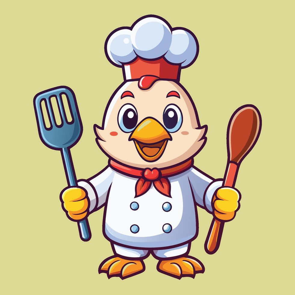 Cartoon chicken chef holding a spatula and spatula vector