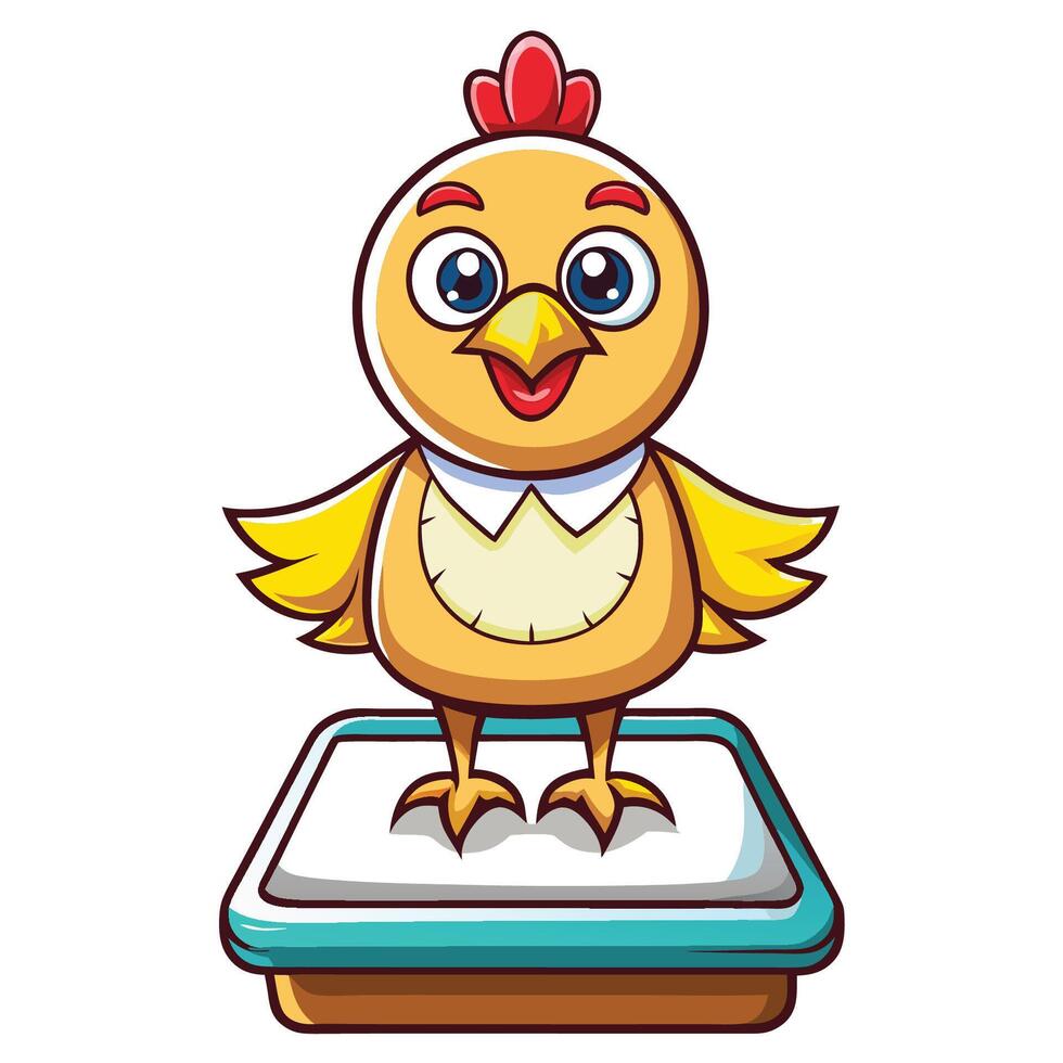 Adorable Cartoon Chicken Perched on a Weight Scale vector