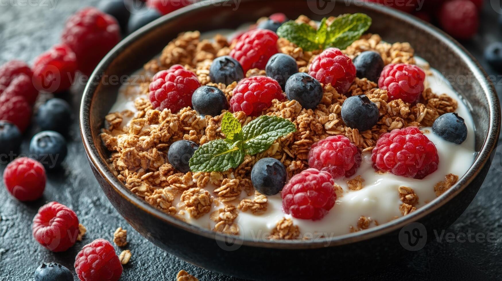 Shot capturing a colorful and healthy breakfast on a rustic wooden table including fruit, yogurt and granola. photo