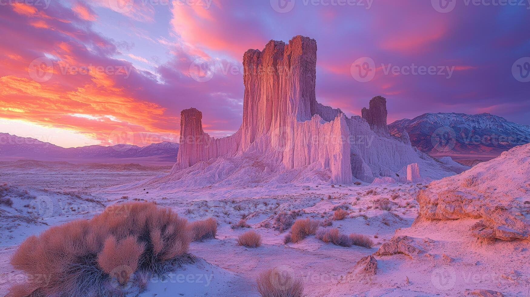 A surreal photograph of a desolate landscape, with rock formations that resemble alien creatures, under a vibrant purple sky. photo