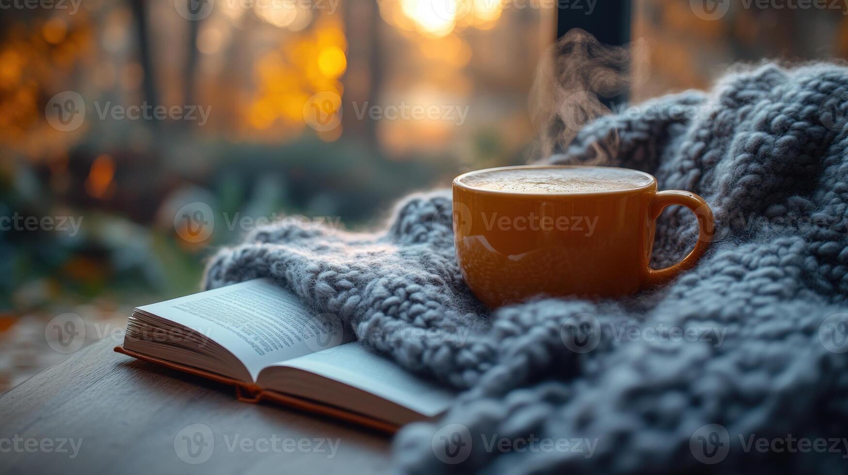 A cozy and inviting image of a steaming cup of coffee, a book, and a cozy blanket on a wooden table, capturing the essence of a relaxing and comfortable moment. photo