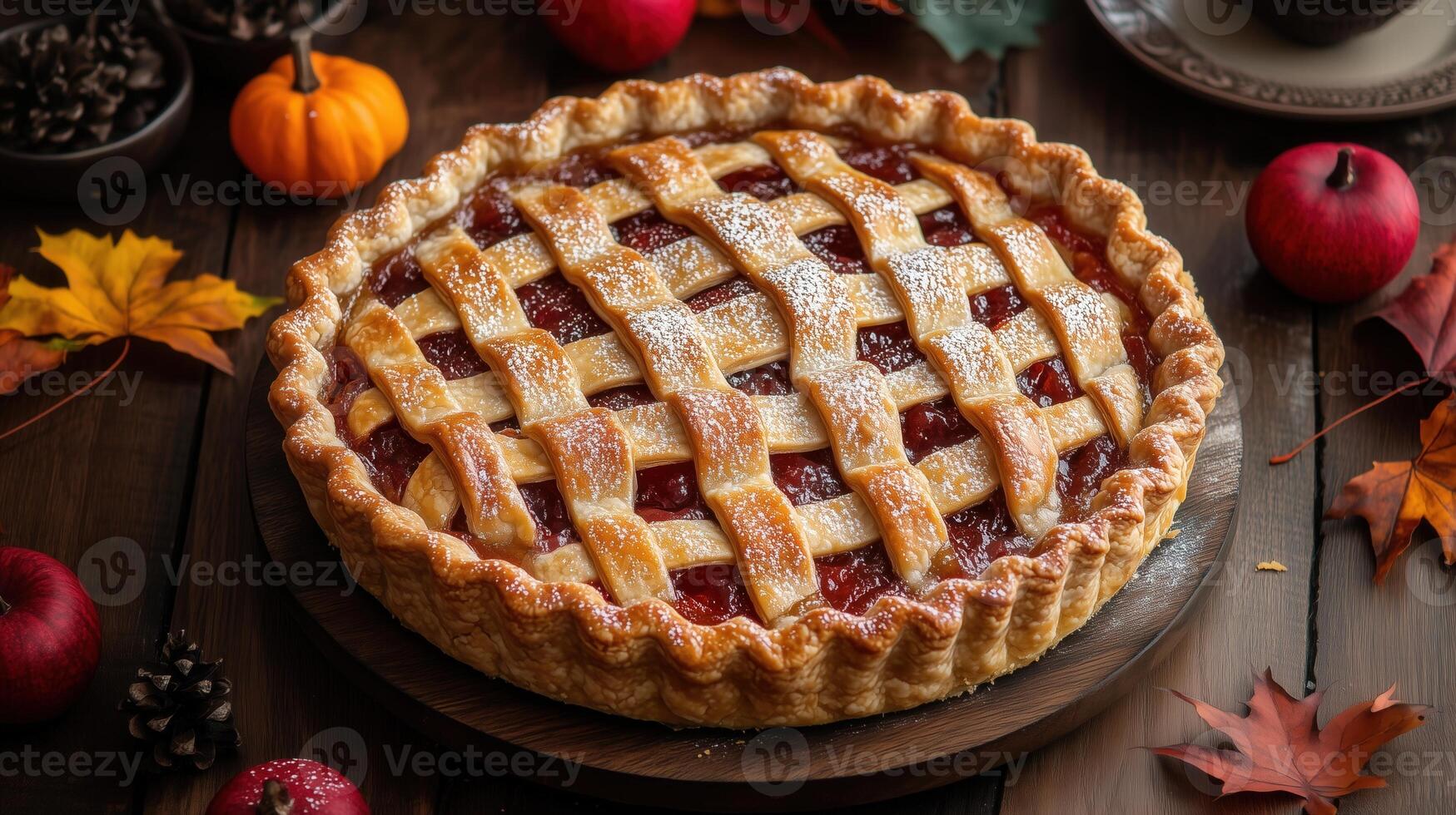 Image of a classic Thanksgiving pie, with a flaky crust, sweet filling, and a dusting of powdered sugar. photo