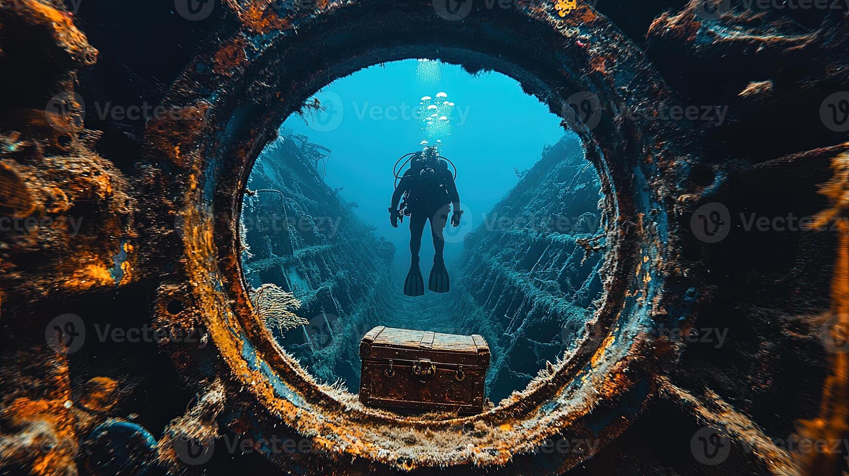 Photograph of a diver exploring a shipwreck looking for a treasure chest and hidden secrets of the deep sea. photo