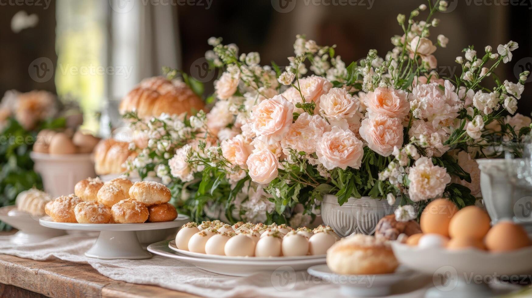 A beautifully set table for Easter brunch with pastel colors, spring flowers and long lasting Easter treats such as deviled eggs and cross buns. photo