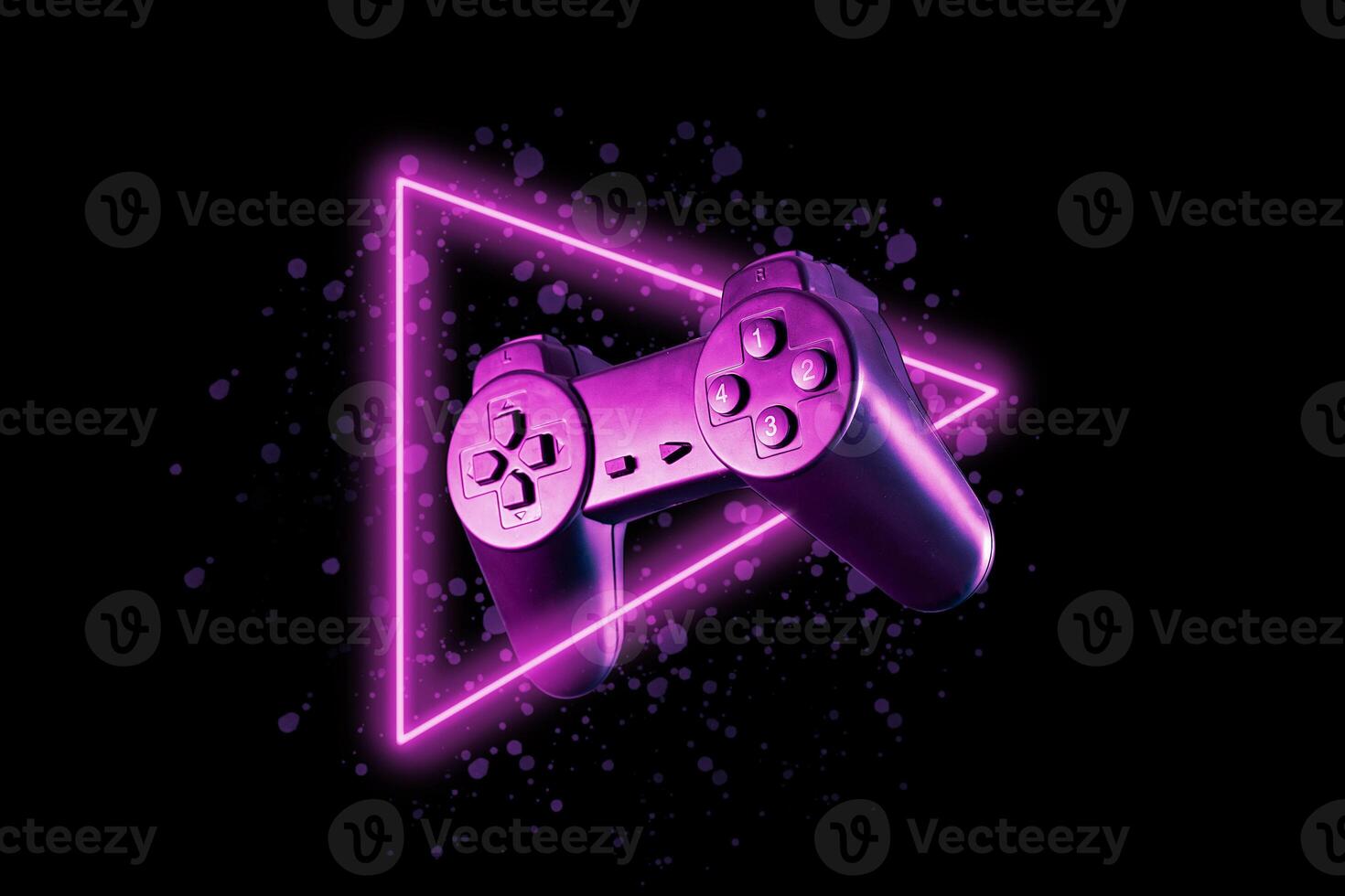 Game console joystick retro style with neon triangle in space. Concept of vaporwave and futurism. photo