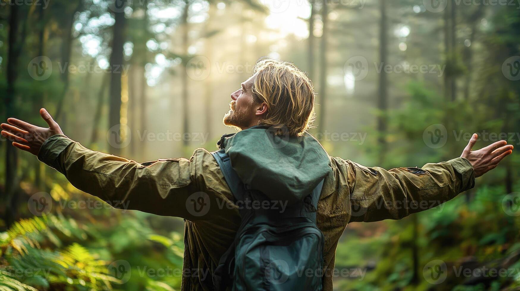 Hiker rejoices in sunlit forest track photo