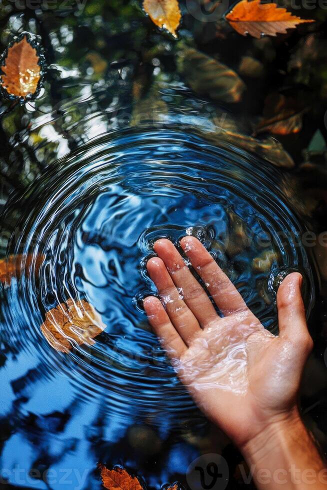 A hand touching water with leaves. photo